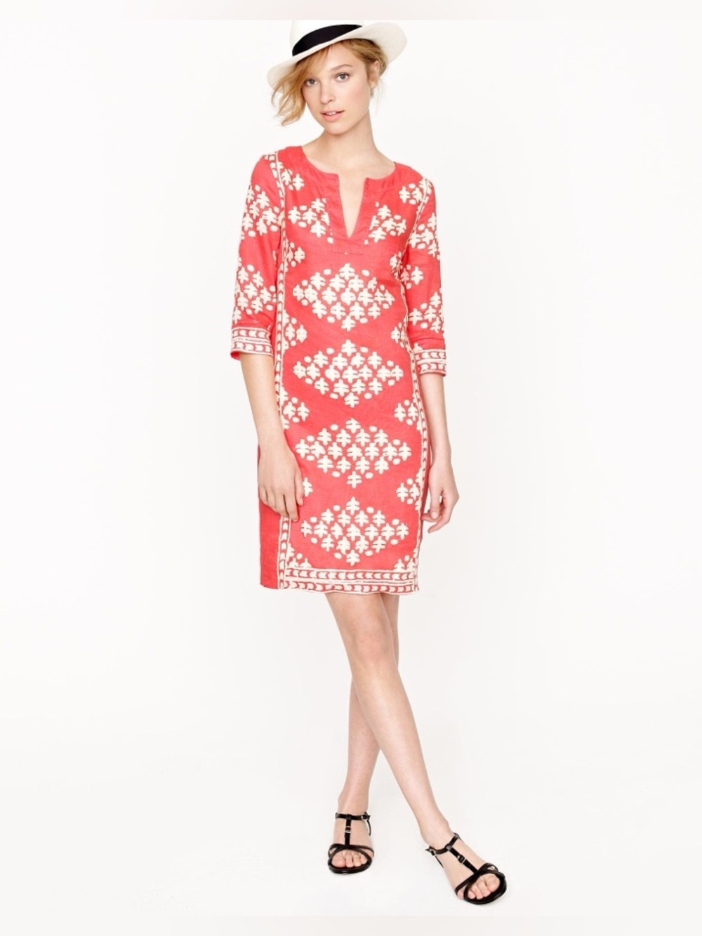 J.Crew Linen Java Tunic Shift Dress Pink White Batik Hibiscus Rose Print Size 2